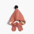 Kids winter knitted striped beanie hat with warm scarf and cute black pom pom design. - Striped Elf Hat / Red
