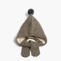 Kids striped knitted beanie hat with earflaps and scarf, warm winter cap for kids. - Striped Elf Hat / Khaki