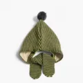 Kids Green Brown Striped Knitted Beanie Hat Scarf Set Winter Warm Cute Pom Pom - Striped Elf Hat / Green