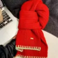 Red knitted winter scarf with green trim, thick warm cozy neck warmer for cold weather chic. - Two-Tone Edge Knit [Red]