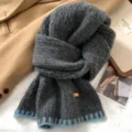 Dark grey knitted winter scarf with blue striped edge warm cozy thermal neck warmer fashion - Two-Tone Edge Knit [Gray]