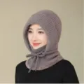 Mujer invierno grueso forro polar tejido bufanda con capucha cálido gorro ciclismo gris - Talla única / Caqui