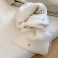 White knitted scarf with cute floral embroidery for women, warm winter fashion neckerchief - White