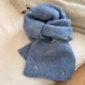 Blue knit scarf for women, cozy winter thermal neck warmer with cute floral embroidery. - Blue