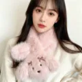Winter plush cross scarf for women, thick warm cute pink furry neck warmer with bow decor. - Butterfly Dog Pink