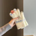 Schattige pluche touchscreen gebreide handschoenen voor dames, warme winter thermische mode. - Strass Vingertop / Beige