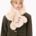 Beige plush bear scarf for women, thick cross neck warmer, cute winter furry collar. - Butterfly Dog Beige