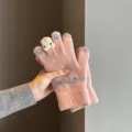 Schattige pluche gebreide handschoenen vrouwen winter warm touchscreen roze met beer. - Strass Vingertop / Roze