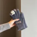 Leuke pluche winterhandschoenen voor dames, warme touchscreen gebreide wanten met dierendesign. - Strass Vingertop / Marineblauw