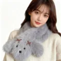 Grey fluffy plush cross scarf, thick winter warm neck warmer for women, cute animal design. - Butterfly Dog Gray