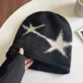 Zwarte gebreide muts voor vrouwen, trendy winter warme slouchy muts met stijlvol sterrenpatroon. - Zwart