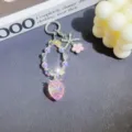 Cute pink strawberry beaded keychain charm with bow and flower for women bags phone - Pink