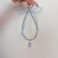 ins style bow bear beaded mobile phone short lanyard crystal wrist chain for girl bag charm - Sky Blue