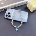 Exquisite beaded phone chain detail, featuring pearls, crystals and a cute starry phone case. - Blue Pink