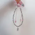 Cute Beaded Phone Charm with Bow and Bear Pendant Crystal Wrist Strap for Girls Bag - Pink