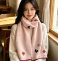 Pink knitted winter scarf for women, cozy thick warm neck wrap with cute butterfly embroidery. - Pink