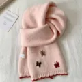 Pink knitted winter scarf for women featuring cute butterfly embroidery and red edge detail. - Pink Butterfly Knit