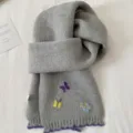 Grey knit winter scarf for women featuring cute embroidered colorful butterflies and cozy fabric - Grey Butterfly Knit