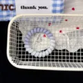 Close-up detail of the gradient blue telephone wire hair tie displayed in a white basket. - Purple Gradient Polka Dot