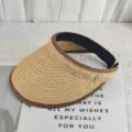 Woven raffia sun visor empty top straw hat detail view breathable summer beach sun protection - M (56-58cm) / Coffee Bound Edge