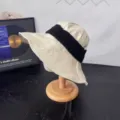 Japanese style linen wide brim sun hat detail, beige bucket hat with black band, UV protection. - M (56-58cm) / Beige