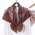 Wine red floral velvet square scarf for women, elegant retro print shawl and wrap daily wear. - Style 30