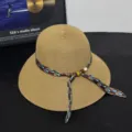 Sombrero de sol de paja de verano para mujer, ala ancha playa vacaciones sombrero con cinta. - M (56-58cm) / Estilo Cinta / Caqui