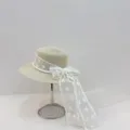 Chapeau de paille femme ete avec elegant noeud en dentelle perles pour plage vacances - M (56-58cm) / Chapeau de Paille Perle Dentelle - Beige