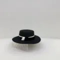 Sombrero de paja plano negro para mujer sombrero de sol de verano vintage con lazo - M (56-58cm) / Sombrero de Paja Bloque de Color - Negro