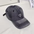 Retro washed denim baseball cap with pearl heart embroidery, casual sun hat for unisex wear. - M (56-58cm) / Denim Black