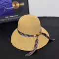 Women summer straw sun hat with stylish geometric printed ribbon and beaded wide brim beach hat. - M (56-58cm) / Ribbon Style / Floral Khaki