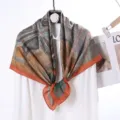 Velvet large square scarf for women with artistic print and orange border, elegant. - Style 10
