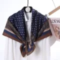 Womens velvet square scarf, navy blue polka dot design with retro brown border, elegant style. - Style 16