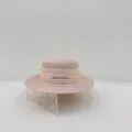 Women summer straw hat detail, flat top design with ribbon and metal bar decoration, elegant. - M (56-58cm) / Pink