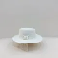 French white flat top straw hat with delicate lace band, perfect for summer vacation and beach. - M (56-58cm) / Lace Straw Hat - White