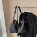 Black large capacity soft leather underarm hobo bag casual minimalist tote shoulder bag - Black With Bear Pendant