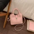 Bolso cubo de cuero rosa estilo coreano con cierre de metal, bolso cruzado elegante para mujer. - Sin colgante / Rosa