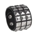Punk rock style black PU leather wide cuff bracelet featuring three rows of silver pyramid studs. - Silver