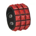 Punk style wide leather cuff bracelet featuring striking red square pyramid studs and buttons. - Red