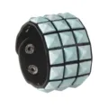 Men wide punk leather bracelet with three rows of square studs and cool blue splatter design. - White and Light Blue Veined