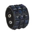 Black PU leather wide bracelet featuring blue splash design and metal snap buttons. - Blue Texture Black Studs