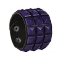 Close-up detail of a punk style triple row pyramid stud black leather wide bracelet. - Purple