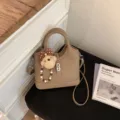 Korean style minimalist bucket bag for women, elegant top-handle shoulder crossbody bag casual commute - With Charm / Khaki
