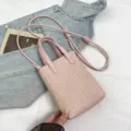 Mini bolso de mano tejido rosa para mujer, bolso bandolera casual para teléfono. - Sin colgante / Rosa