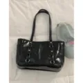 Bolso tote de charol negro para mujer, bolso de hombro espacioso para el trabajo y uso diario. - Sin colgante / Negro