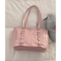 Pink patent leather tote bag women large capacity commuter shoulder bag simple stylish - No Pendant / Pink