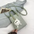 Koreanische Mode Mini gewebte Eimer Tasche Umhängetasche Handy Tasche mit flauschigem Anhänger - Mit Anhänger / Grün