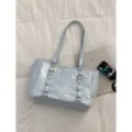 Korean style large capacity underarm commuting bag, light blue patent leather tote shoulder bag. - No Pendant / Blue