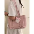 Korean style pink patent leather tote bag large capacity casual shoulder bag with cute bunny pendant - With Pendant / Pink