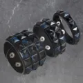 Set of 3 punk black leather rivet bracelets with blue cracked studs cool gothic wristband - Single Row / Blue Veined Black and Black